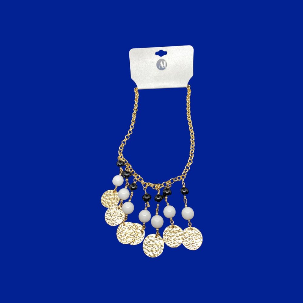 A&I Gold Tone Rolo Chain with Black, White, Gold Shaky Bead Necklace